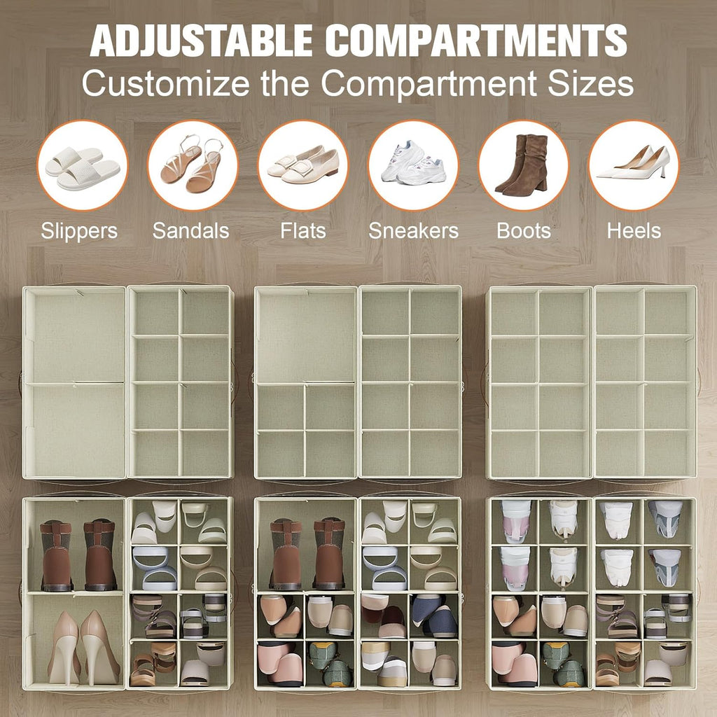 Shoe Organizer for Closet, 2 Pack Foldable Shoe Storage Organizer with Adjustable Dividers, Shoe Storage Box with Clear Cover, Fits up to 16 Pairs, Beige