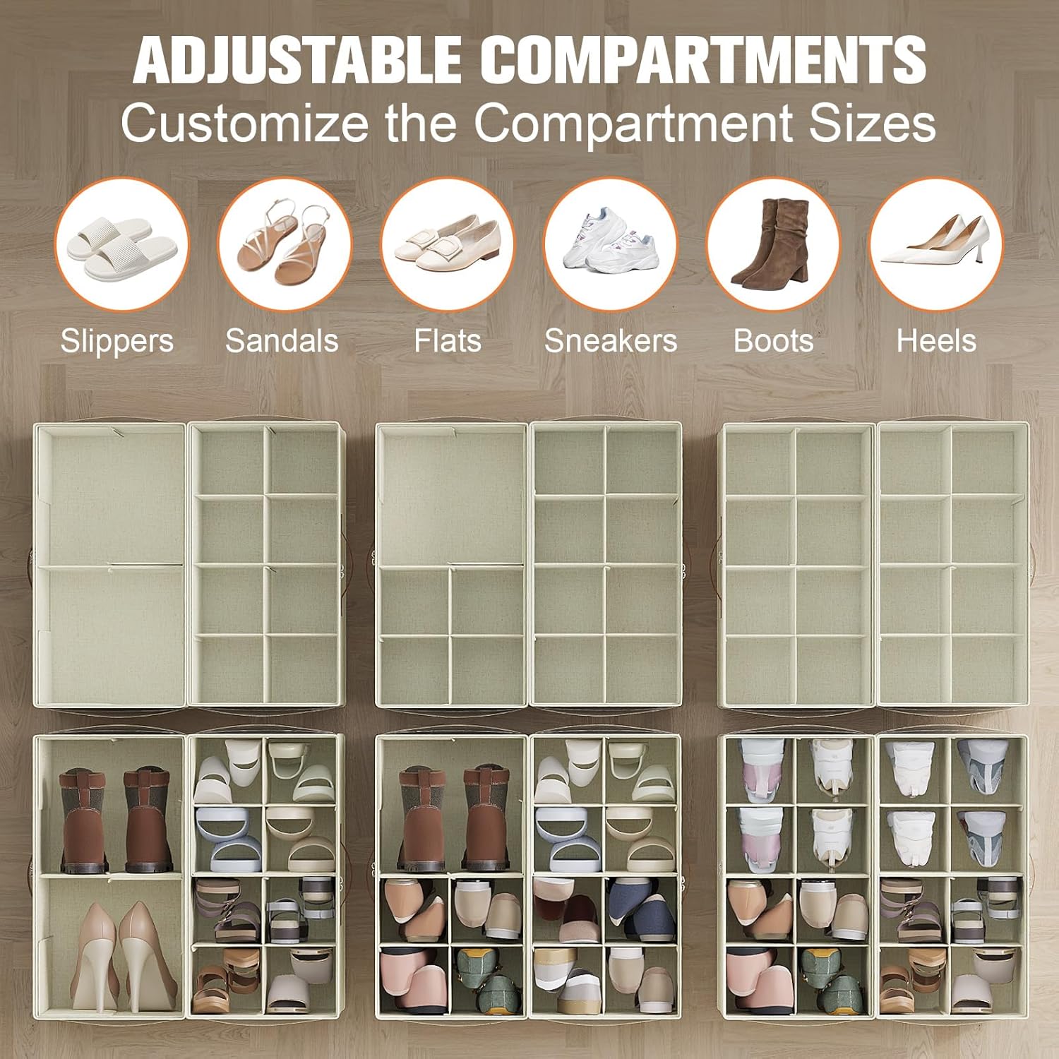 Shoe Organizer for Closet, 2 Pack Foldable Shoe Storage Organizer with Adjustable Dividers, Shoe Storage Box with Clear Cover, Fits up to 16 Pairs, Beige
