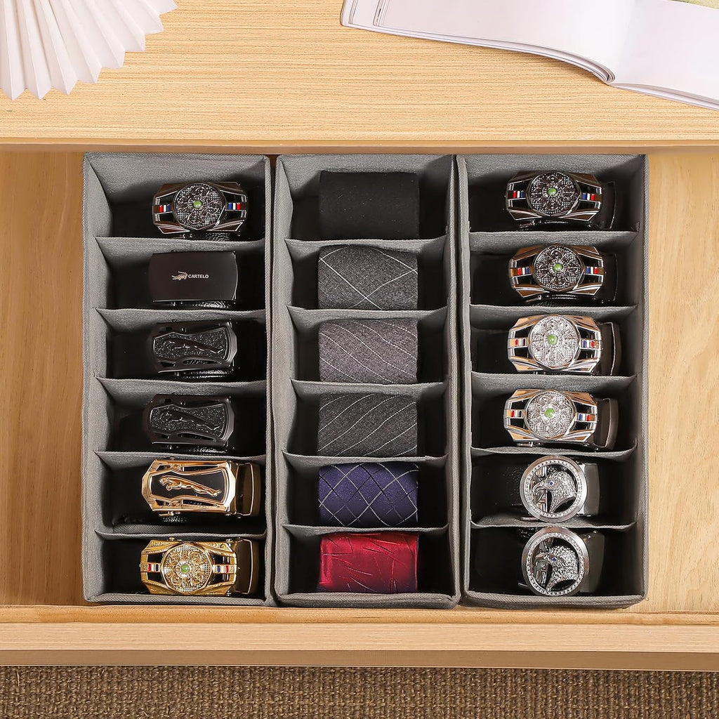 3 Packs Fabric Belt Organizer for Closet and Drawer, Foldable 6 Grids Dresser Drawer Organizers, Belt Tie Holder, Tie Box-Grey