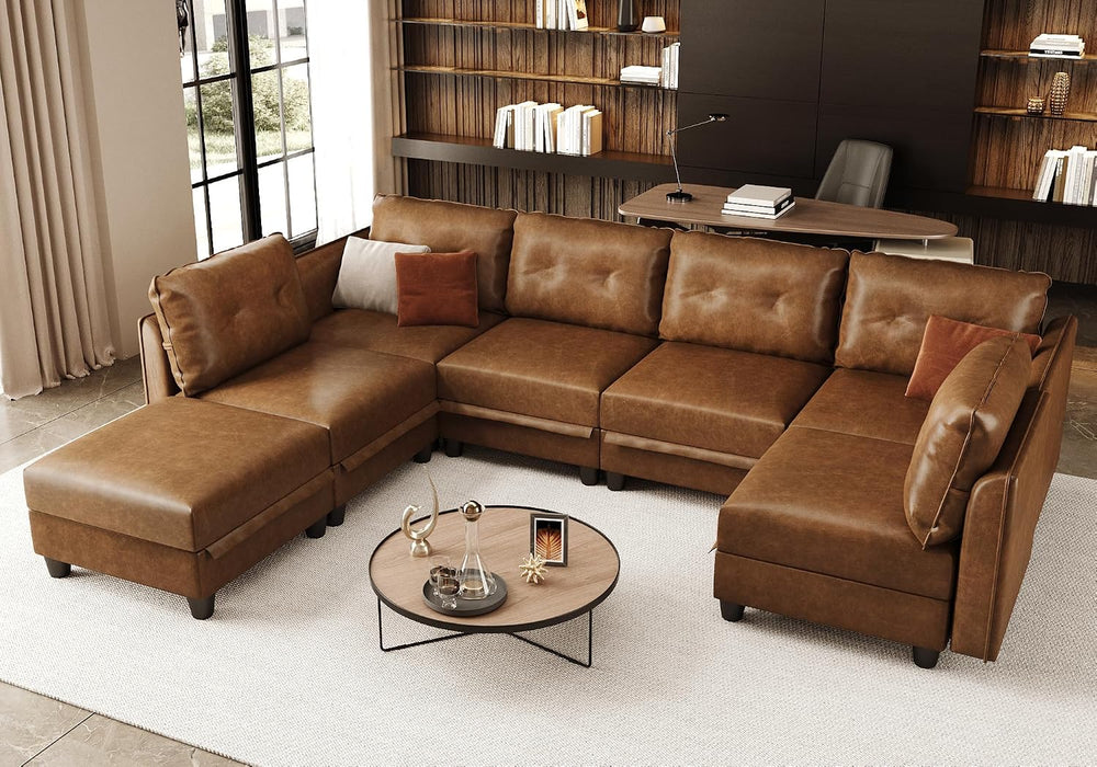 LLappuil 7-Piece U-Shaped Modular Sectional Sofa with Storage, Faux Leather C...