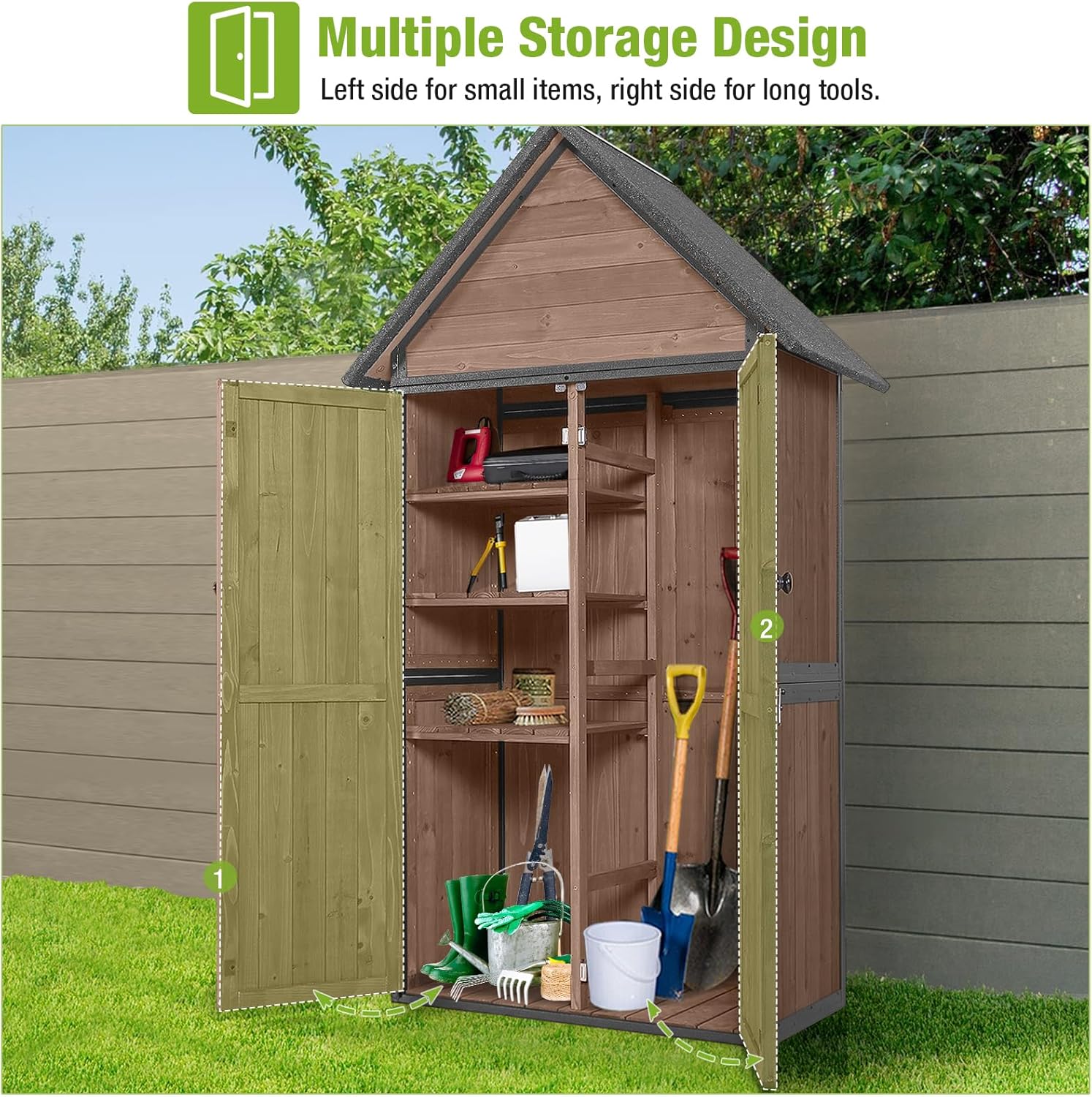 GUTINNEEN Sheds Outdoor Storage Wooden Garden Tool Shed with Metal Frame Sloped Roof and Adjustable 3 Tiers Shelves Outdoor Storage Cabinet for Backyard Garden Patio Lawn 67.1"(Dark Brown)