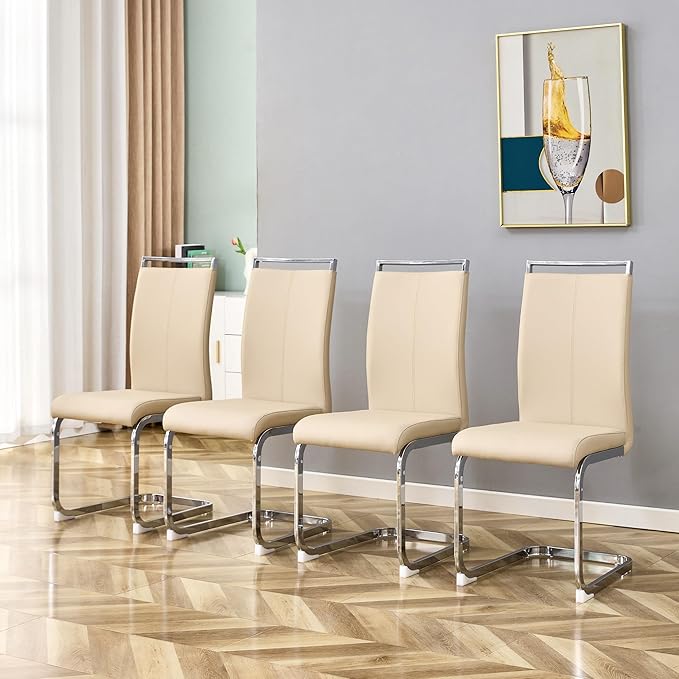 AZmac Modern Leather Dining Chairs Set of 8,Armless Kitchen Chairs,Dining Room Chairs with Upholstered Padded Seat and Sturdy Chrome Legs for Dining Room,Kitchen (Set of 8, Beige)