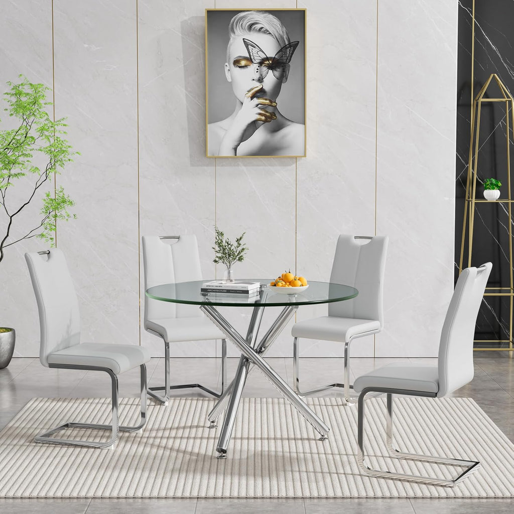 Round Glass Dining Table Set for 4, Modern 5-Piece Round Dining Table & Chair for 4, 36" Glass Kitchen Table with 4 Leather Dining Chairs for Small Living Room Kitchen, Shiny Silver Legs