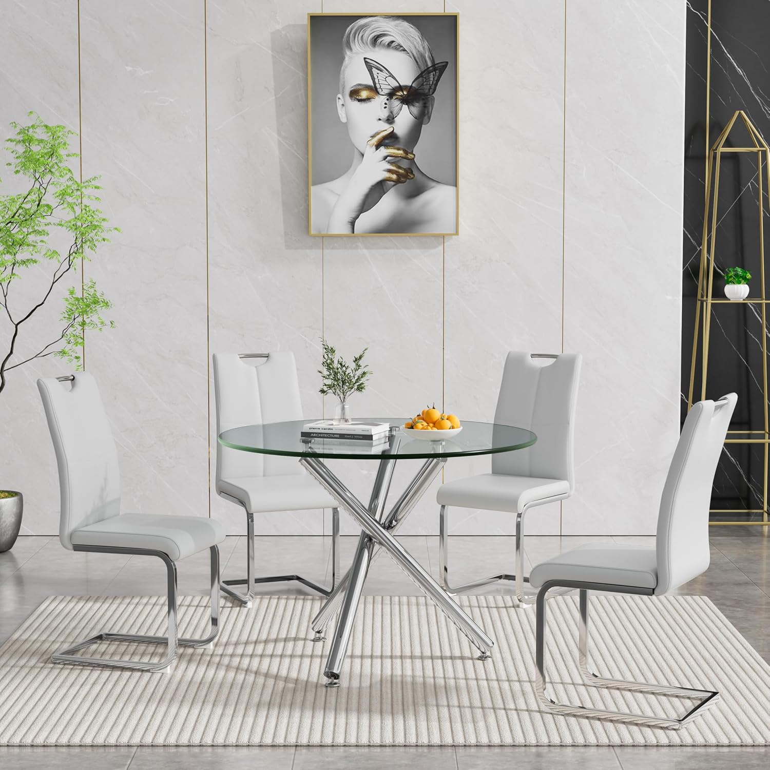 Round Glass Dining Table Set for 4, Modern 5-Piece Round Dining Table & Chair for 4, 36" Glass Kitchen Table with 4 Leather Dining Chairs for Small Living Room Kitchen, Shiny Silver Legs