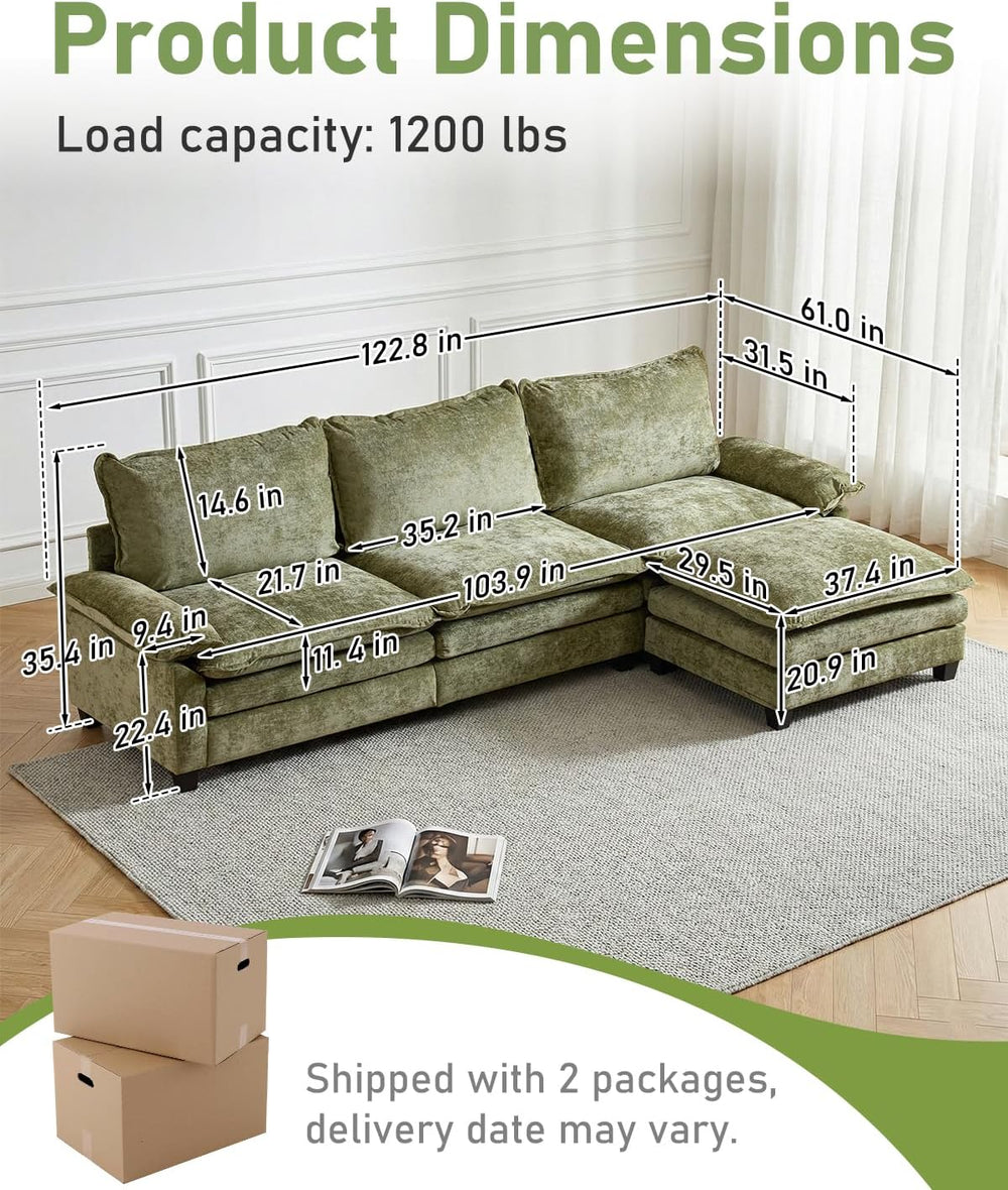 Karl home 122" 3-Seat L-Shaped Sectional Couch, Green | Movable Ottoman,...