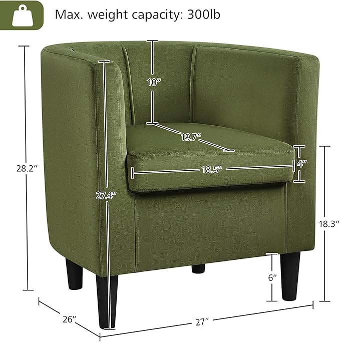 Yaheetech Velvet Accent Chair, Modern and Comfortable Armchairs, Upholstered Barrel Sofa Chair for Living Room Bedroom Waiting Room, Olive Green