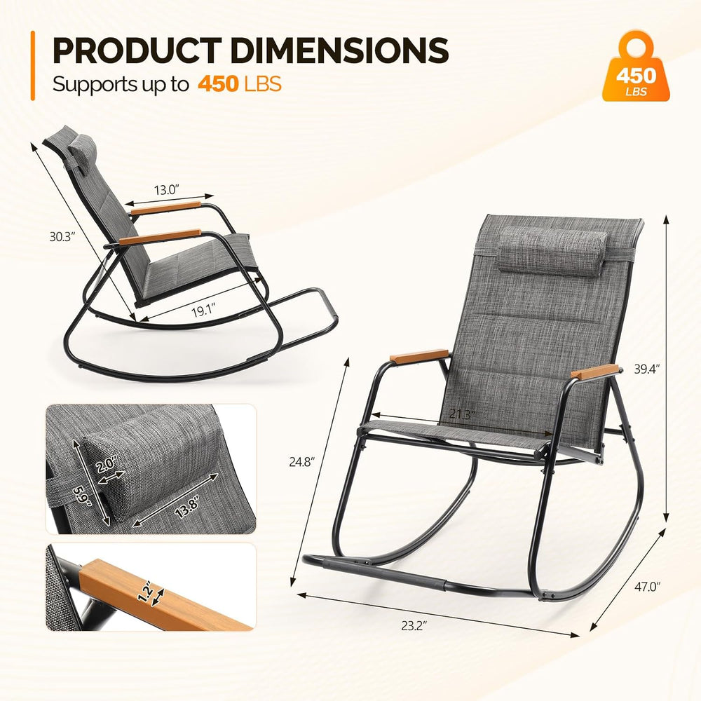 VINGLI Outdoor Rocking Chair, 450lbs Capacity Portable Outdoor Rocker with Fo...