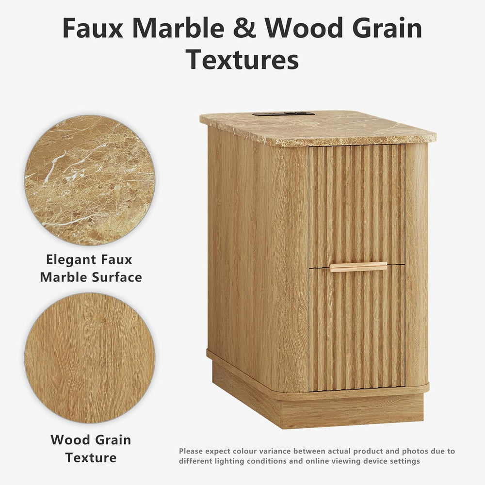 win2win Narrow End Table with Charging Station, Fluted Side Table with Faux M...