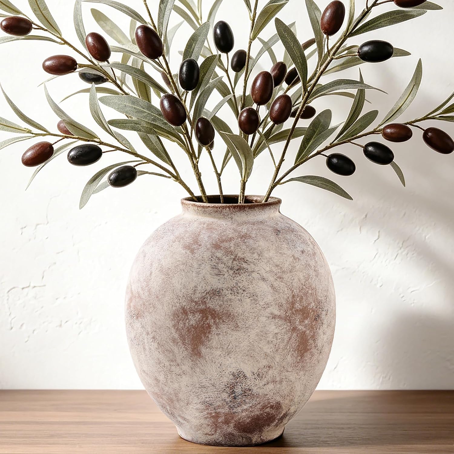 Large Ceramic Vase - 9.8 Inch Rustic Farmhouse Flower Vaase | Round decorative pottery vase for home decor, living room table, entryway, bookshelf, mantel & fireplace
