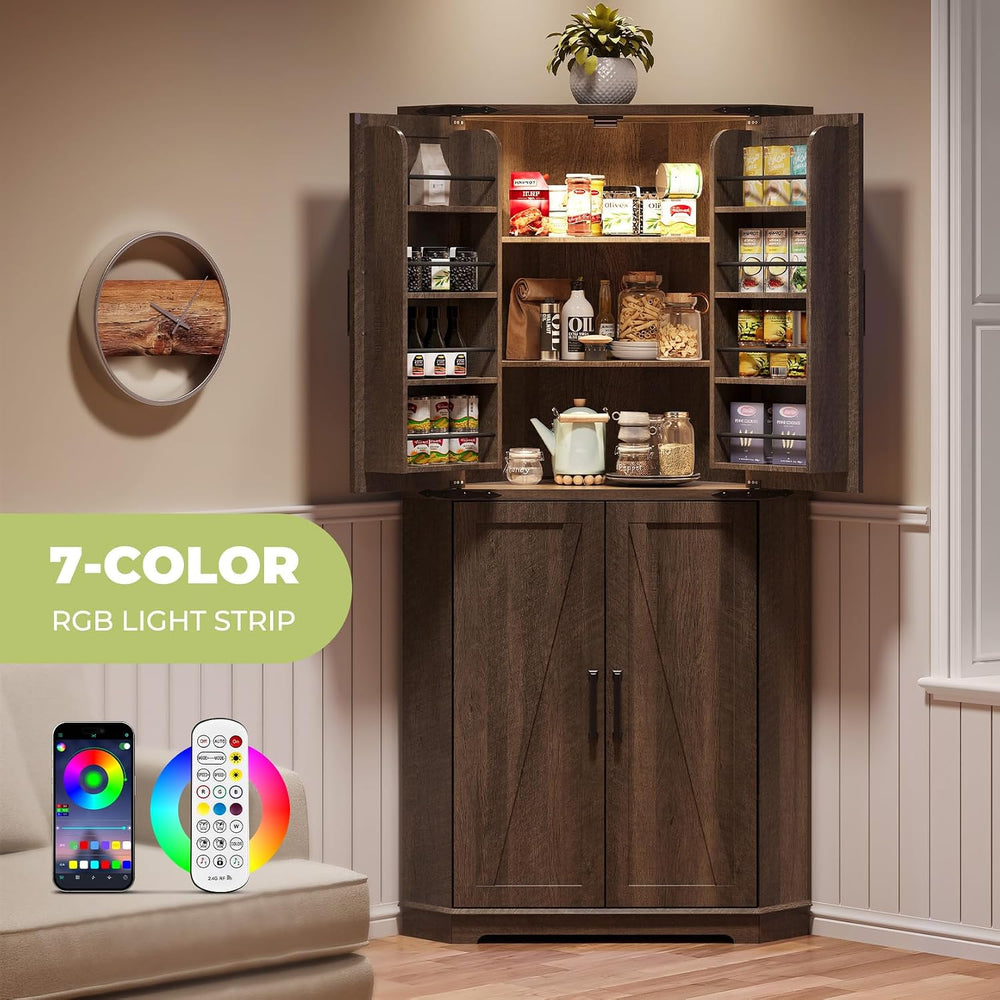 Dripex 71" Corner Cabinet Brown, Farmhouse Kitchen Pantry Cabinet with D...