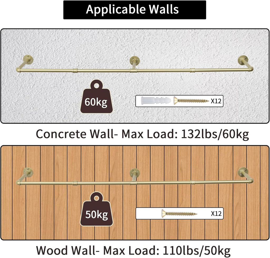 Oroonoko 72inch Gold Wall Mounted Clothes Rack, Industrial Pipe Garment Rack Hanging Rod Bar for Closet Storage,Laundry Room Up to Max Load 132lbs(Gold)