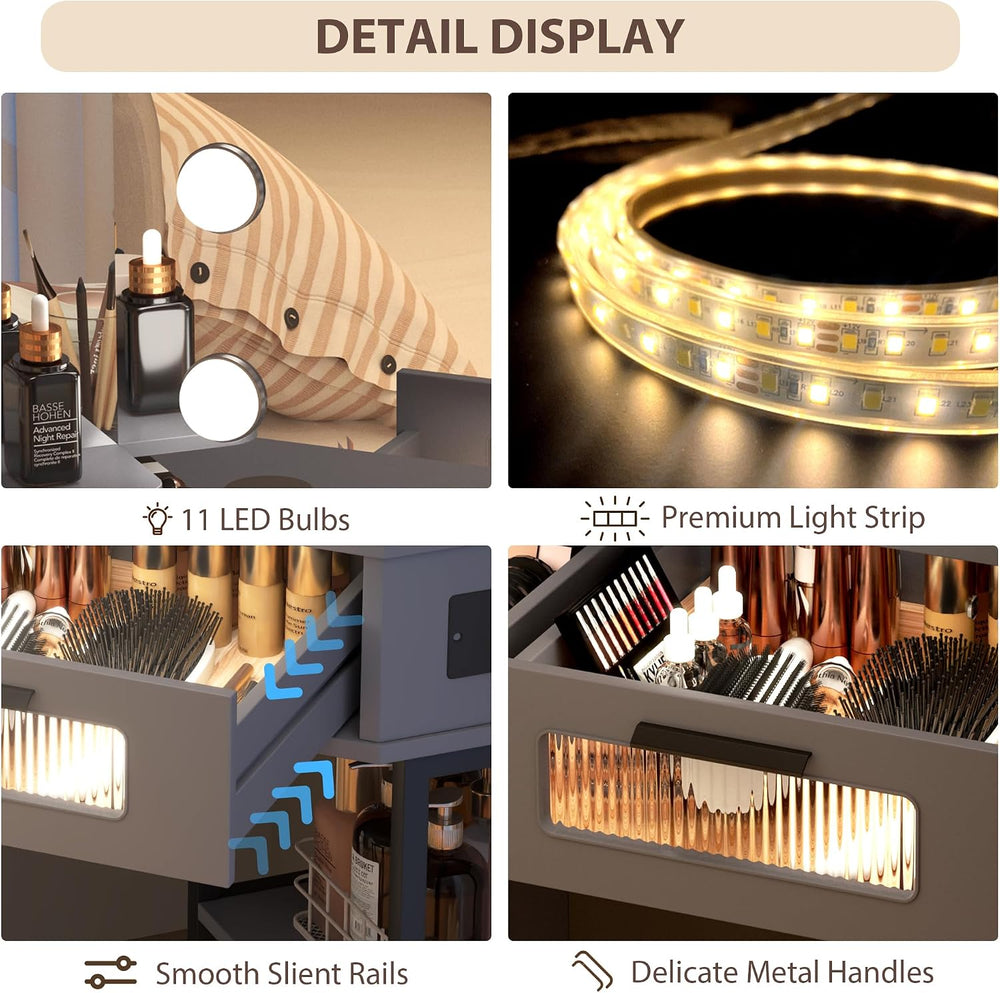 Lareth 45.5" Large Corner Vanity Desk with 3 Way Mirror and Lights | Mod...