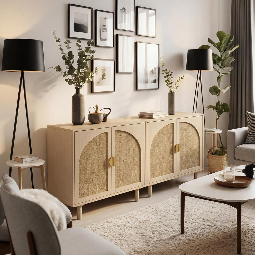 Rattan Cabinet, Storage Sideboard with 2 Doors, Beige Boho Buffet with Adjust...