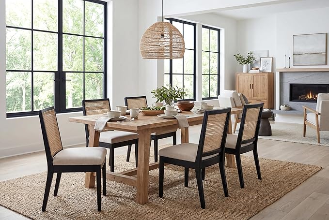 Rattan Dining Chairs Set of 6, Farmhouse Kitchen Chairs with Cane Back, Uphol...
