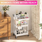 Goovilla 3 Tier Rolling Utility Cart Organizer with Removable Drawer, Stable and Sturdy White Rolling Storage Carts with 2 Lockable Wheels for Bathroom, Kitchen, Snack, Craft, Makeup, Baby Essentials