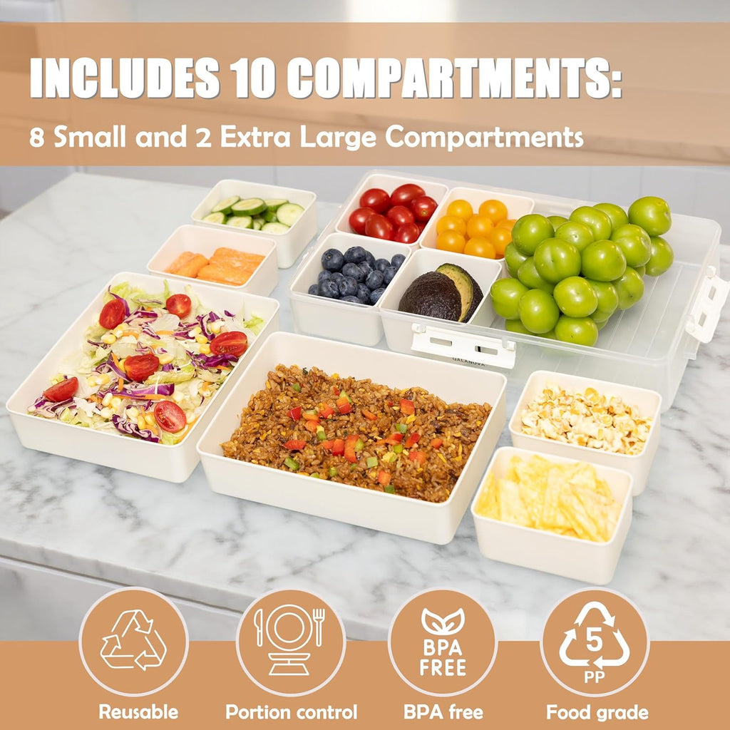 Snackle Box Container - 10 Compartments Including 2 XL, Dishwasher & Microwave Safe, Divided Serving Tray with Lid and Handle, BPA-Free, snack box (1 PCS, White, 1 Box with 2 XL Compartments)
