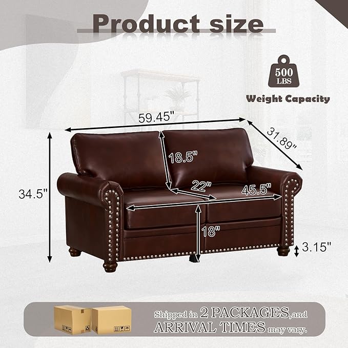 Faux Leather Loveseat Sofa, 59" W Mid Century Modern Couch with Storage, Comfy 2 Seater Sofa with Nailhead Trim & Rolled Armrests, Deep Seat Small Couch for Living Room, Apartment, Office (Burgundy)