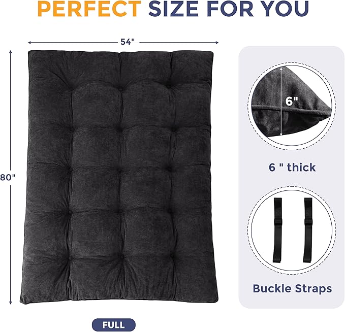 MAXYOYO Japanese Floor Mattress Full Size, 6" Foldable Futon Mattress Tufted Roll Up Floor Bed, Thick Chenille Tatami Mat Sleeping Pad for Camping Guest Room Dormitory Bedroom RV, Black