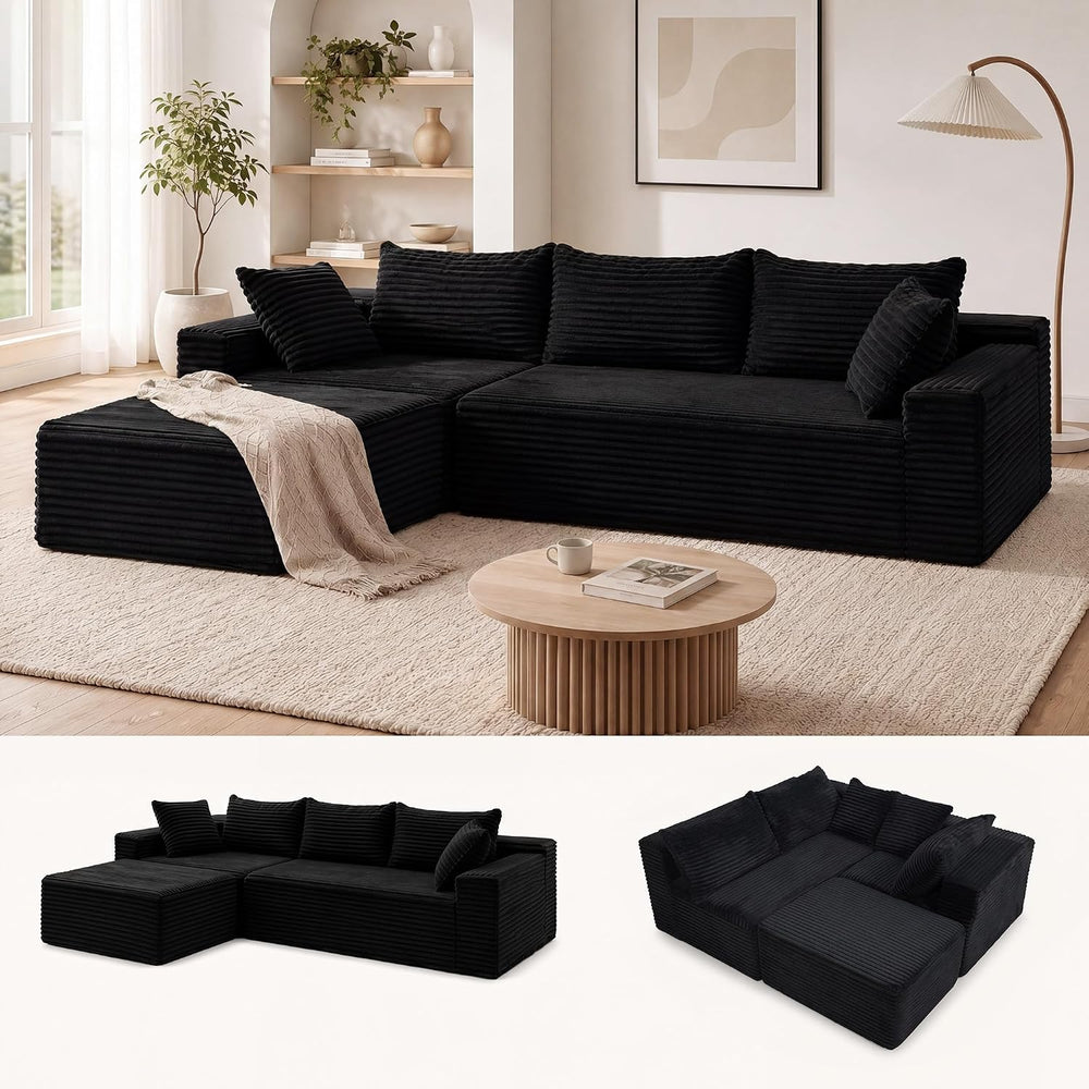 Claiks 94" Couch, L-Shape Corduroy Sectional Sofa, Black | Flexible Modu...