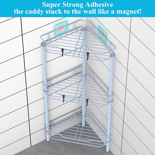 3 Tier Floor Standing Corner Shower Caddy Organizer Shelf with Hooks, Bathroom Shelves Stand Rack, Blue