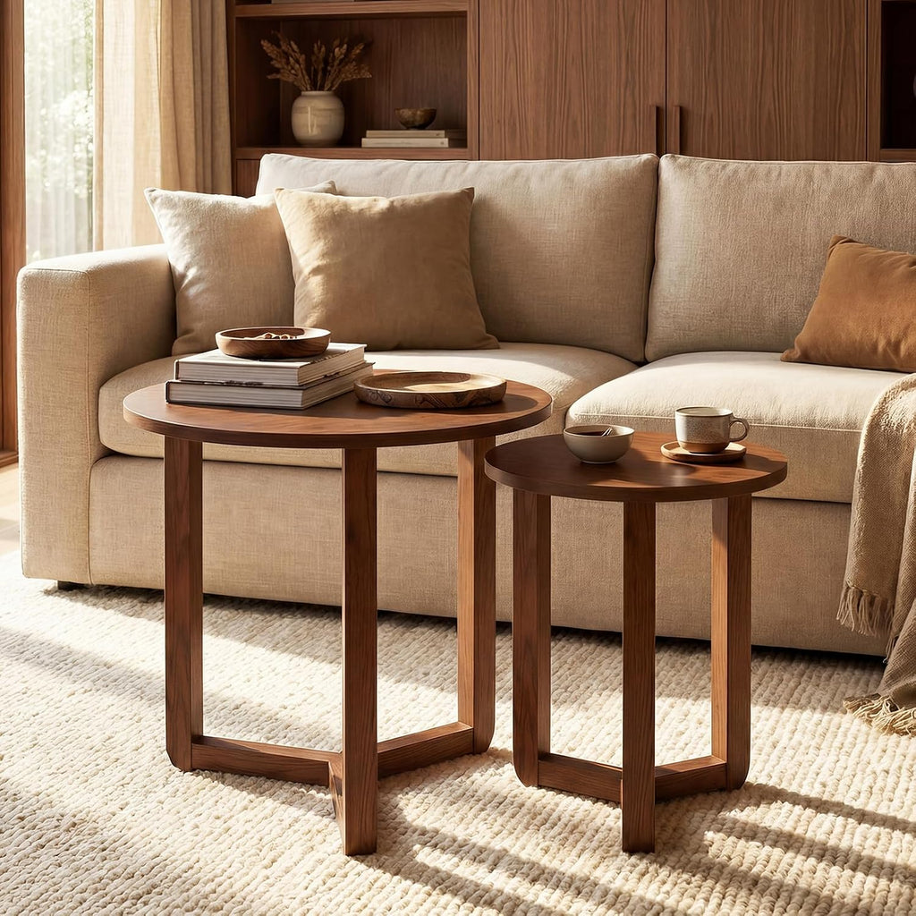 Giantex Round Nesting Coffee Table Set of 2, Wood Nesting End Tables with Thickened Top & Solid Rubber Wood Legs, Farmhouse Sofa Side Table for Small Spaces Living Room Bedroom (Walnut)