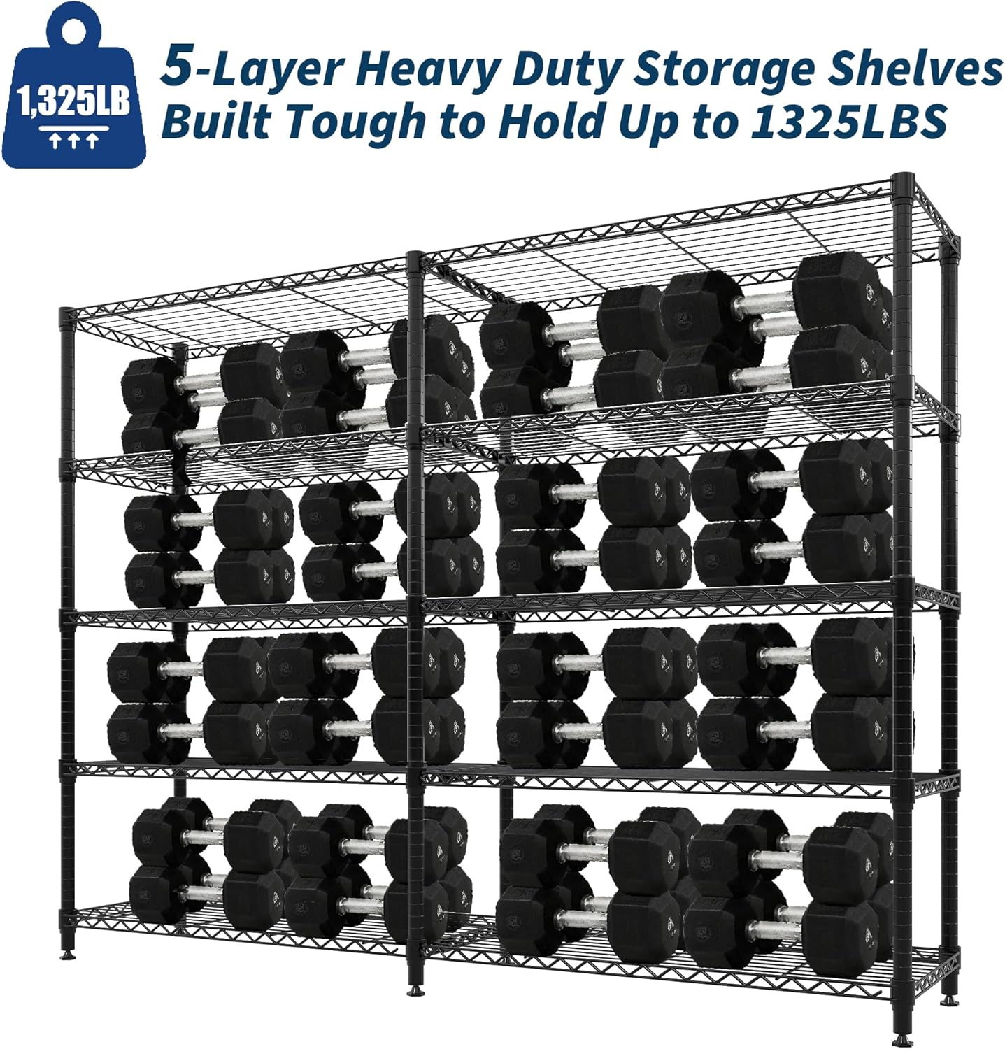 5-Tier Storage Shelving Unit Metal Shelves 59" W Wire Shelving, 70" H L-Shaped Pantry Shelves Kitchen Storage Shelves for Home Commercial Garage Heavy Duty, 70.5" H x 59" W x 13.8" D
