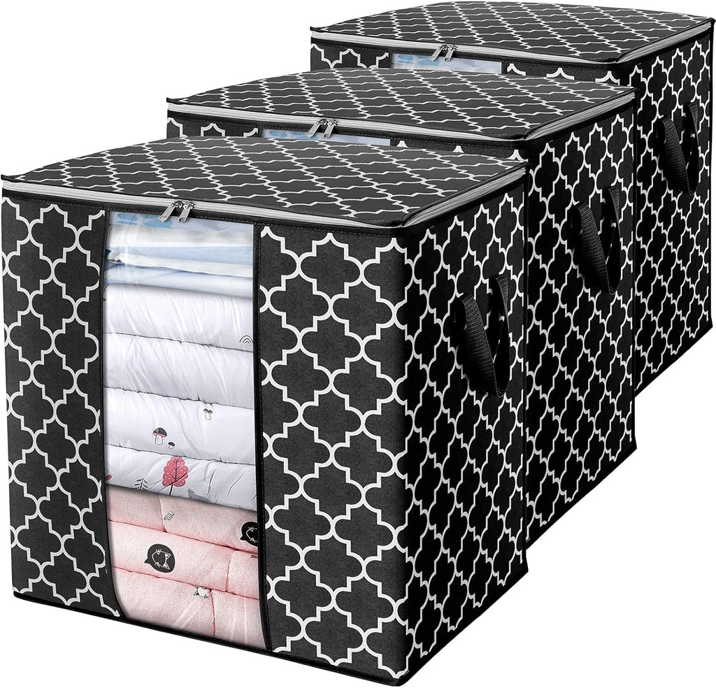 WISELIFE Storage Bags [3 Pack/100L] Large Blanket Clothes Organization and Storage Containers for Comforters,Bedding, Foldable Organizer with Reinforced Handle, Clear Window, Sturdy Zippers,Black