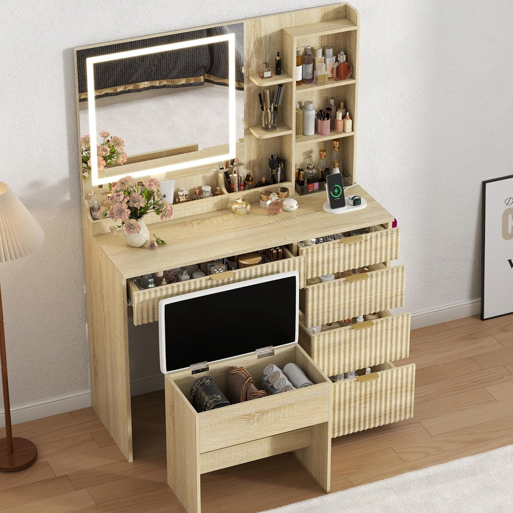 Fluted Vanity Desk with Hidden Storage Stool and Large Mirror, 5 Drawers | Ma...