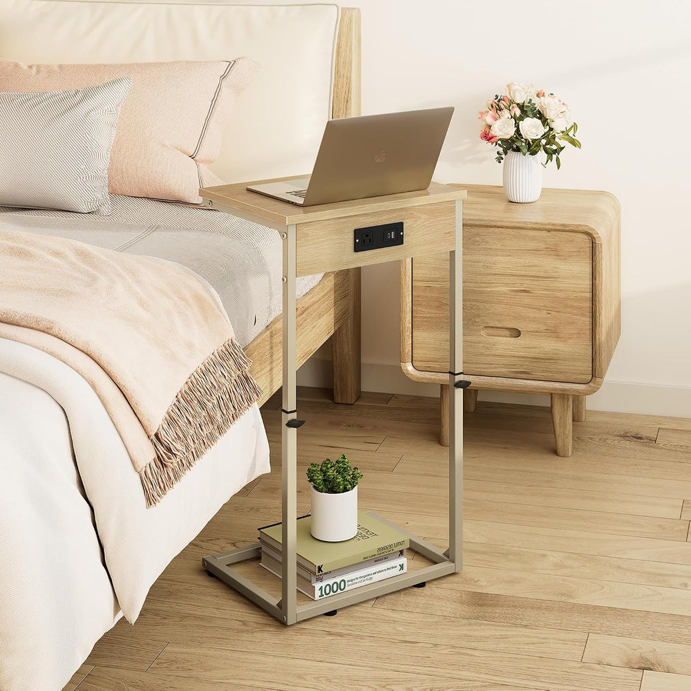 Vagusicc C Shaped End Table with Charging Station, Adjustable Height Side Tab...