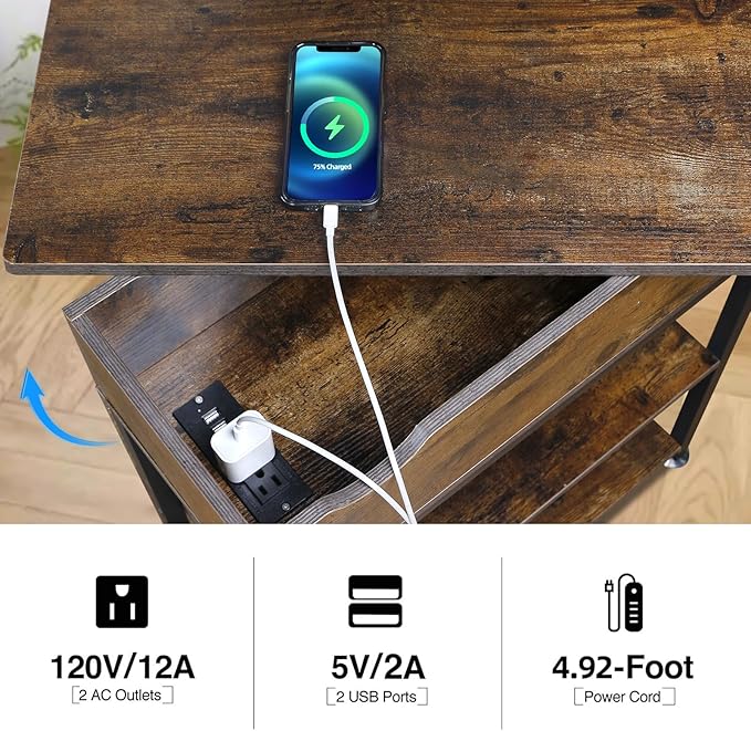 Rotating Top End Table with Charging Station, Side Table with USB Ports and O...