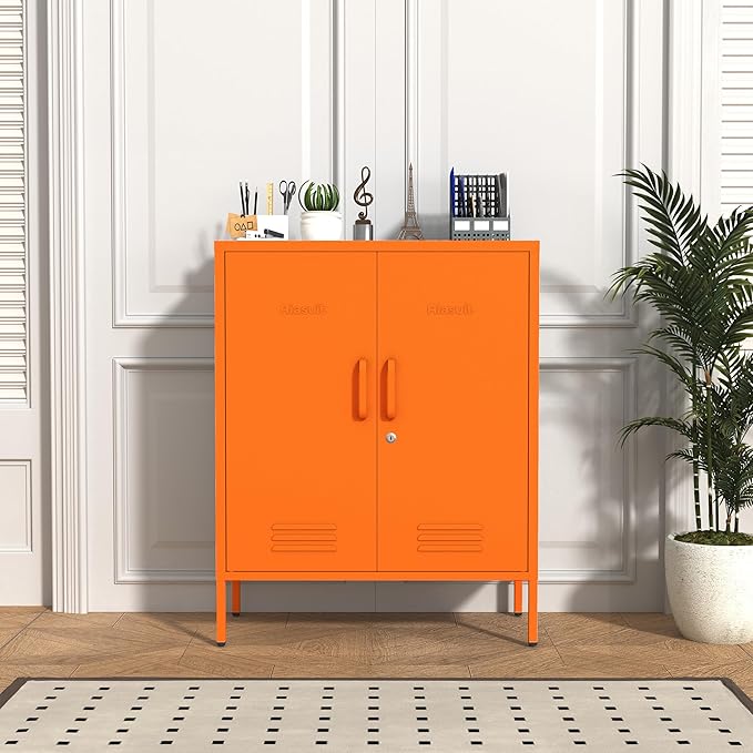 Wide Multipurpose Metal Storage Cabinet with Lockable Design & 2 Adjustable Partitions, Thickened Steel & Sturdy Construction for Home, Living Room & Office Orange 33" H X 29.5" W X 13.8" D