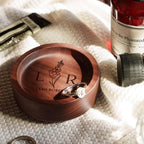 Walnut Wood Ring Holder, Engraved Jewelry Dish and Storage Tray, Unique Gift for Her, Valentine’s Day Gift (Customize, round)
