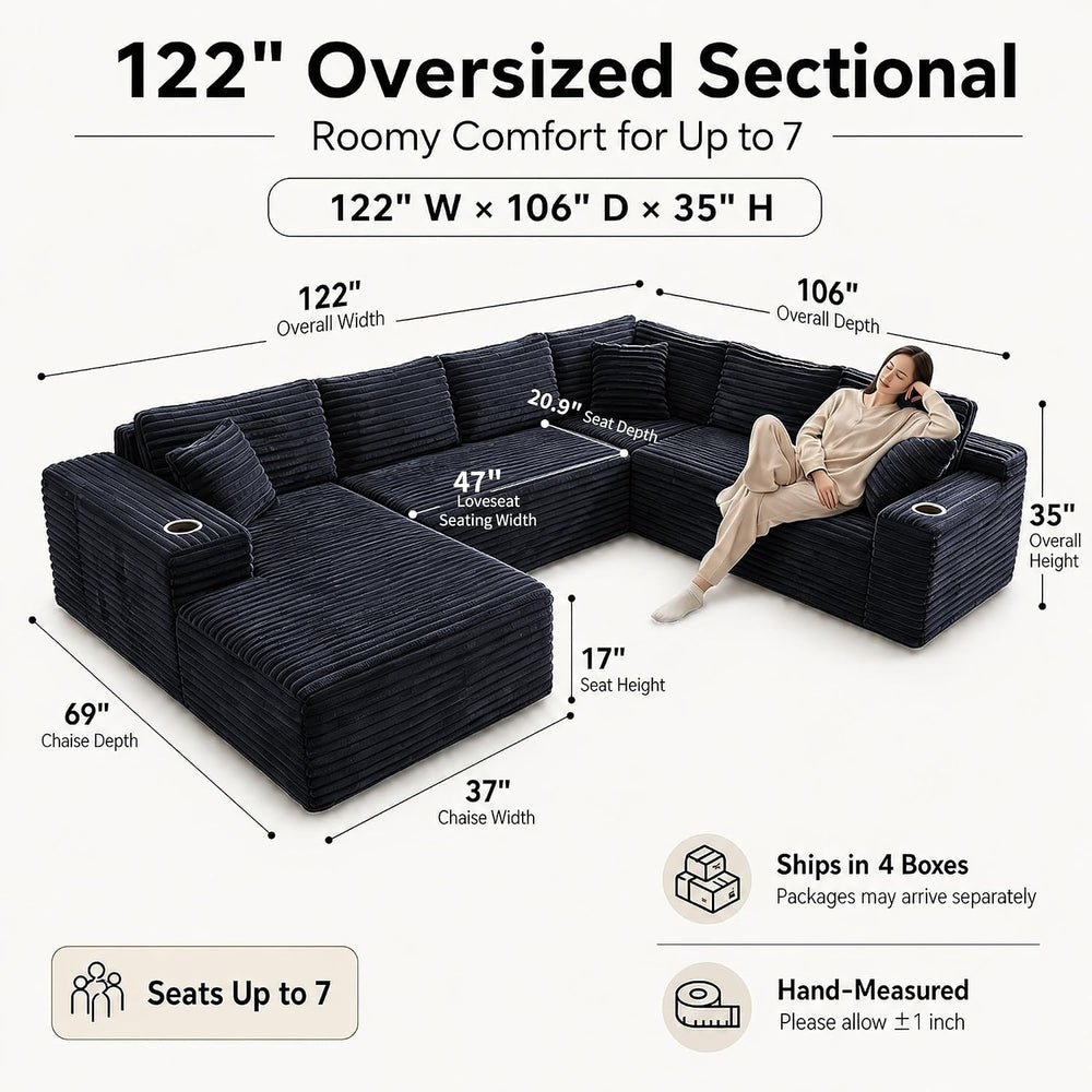 122" Oversized Cloud Sectional Couch for Living Room, 7 Seater U Shaped ...