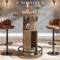 HSH 39.37" H Round Bar Table with Storage and Metal Ring Footrest, Rustic | Modern Bar Height Pub Table With 2 Tier Storage, Space-Saving Design, For Kitchen, Coffee Bars And Small Spaces, Table Only