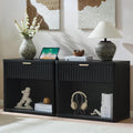 LEYAOYAO 31" Wide Fluted Nightstand Set of 2 with Charging Station, Oversized Extra Large 1 Drawer Night Stand with Golden Handle, Black Wood Bedside Table Tall End Tables,for Bedroom, Living Room