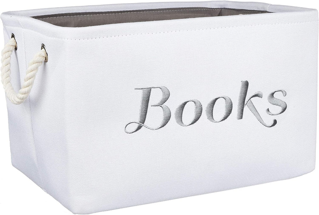 APPLE PIE ORDER Nursery basket, Storage & organizer Bin for Baby, Diapers, Wipes, Books, Toys. White Canvas fabric Decorative Box with Embroidering. (Books - Gray, Medium)