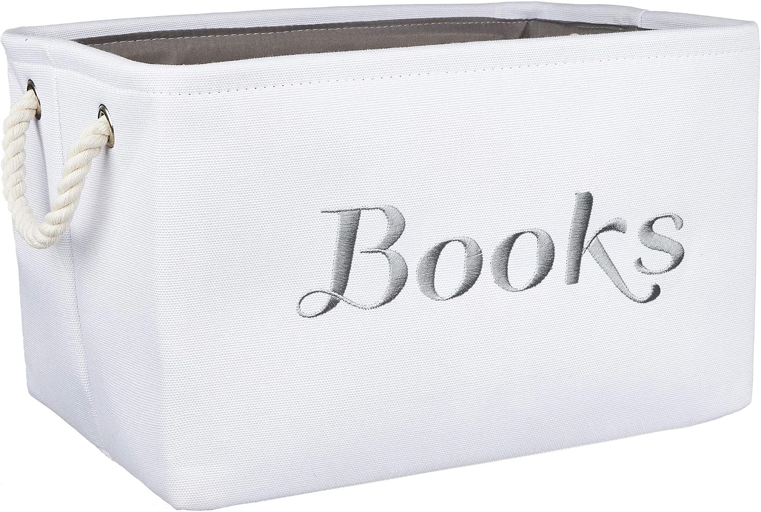 APPLE PIE ORDER Nursery basket, Storage & organizer Bin for Baby, Diapers, Wipes, Books, Toys. White Canvas fabric Decorative Box with Embroidering. (Books - Gray, Medium)