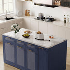 LIKIMIO 59" Kitchen Island with Power Outlet & Hidden Trash can Storage, Faux Marble Island Table with Seating Area, 3-Tier Spice Rack, 3 Drawers, 2-Tier Cabinet, Rolling Kitchen Cart on Wheels, Blue