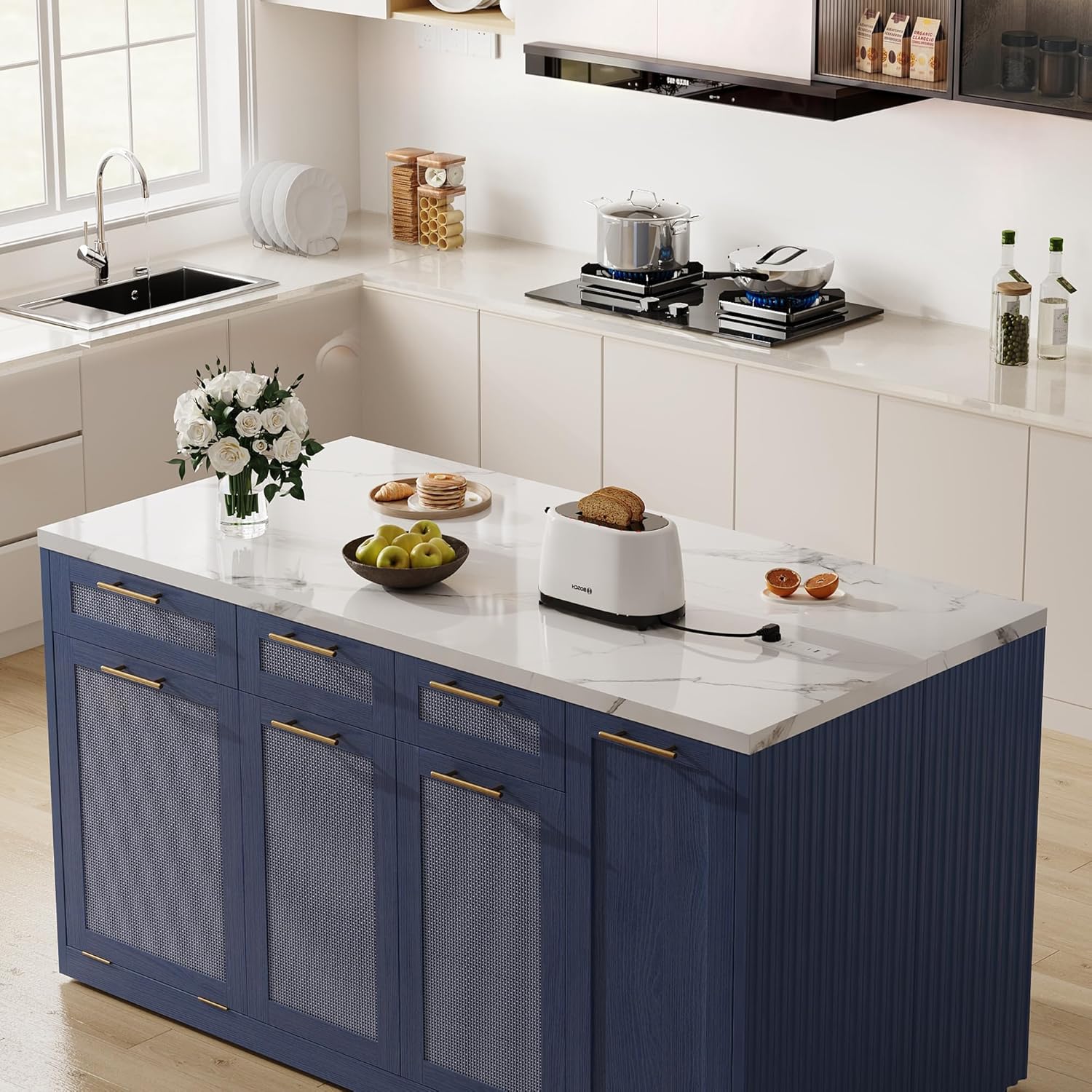 LIKIMIO 59" Kitchen Island with Power Outlet & Hidden Trash can Storage, Faux Marble Island Table with Seating Area, 3-Tier Spice Rack, 3 Drawers, 2-Tier Cabinet, Rolling Kitchen Cart on Wheels, Blue