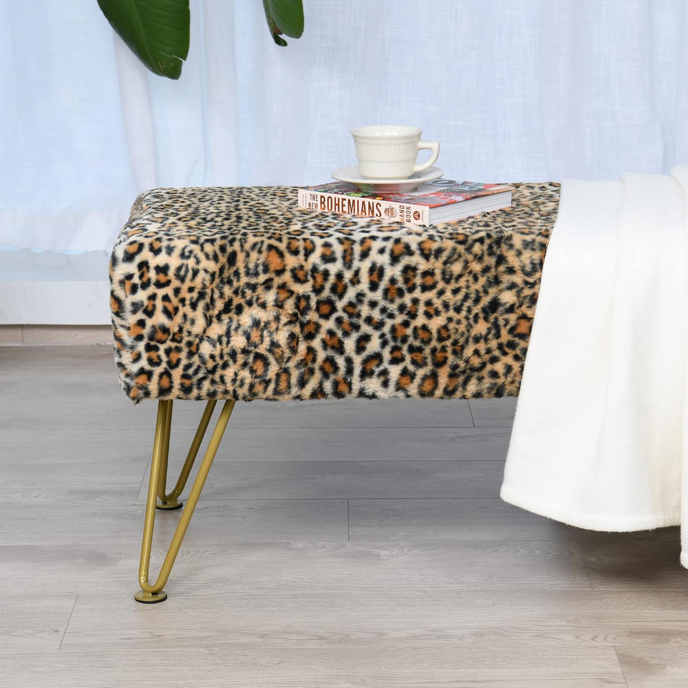 Leopard Print Rectangle Ottoman 46"x16"x17" Faux Fur Entryway ...