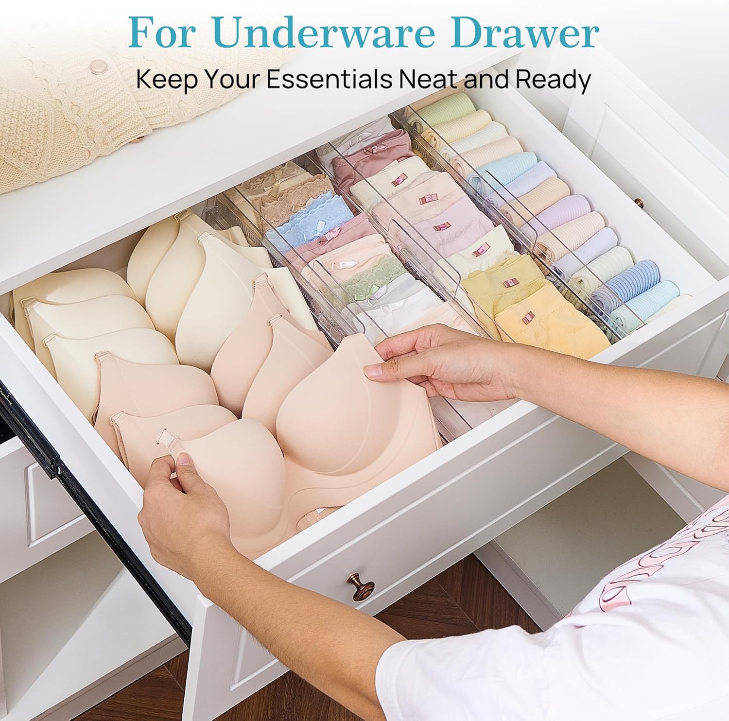 Vtopmart 12 Pack Drawer Dividers for Clothes, 4" High 13"-22" Adjustable Expandable Dresser Drawer Organizer, Clear Plastic Separators for Dresser, Baby Clothing, Underwear, Cosmetic, Toiletries