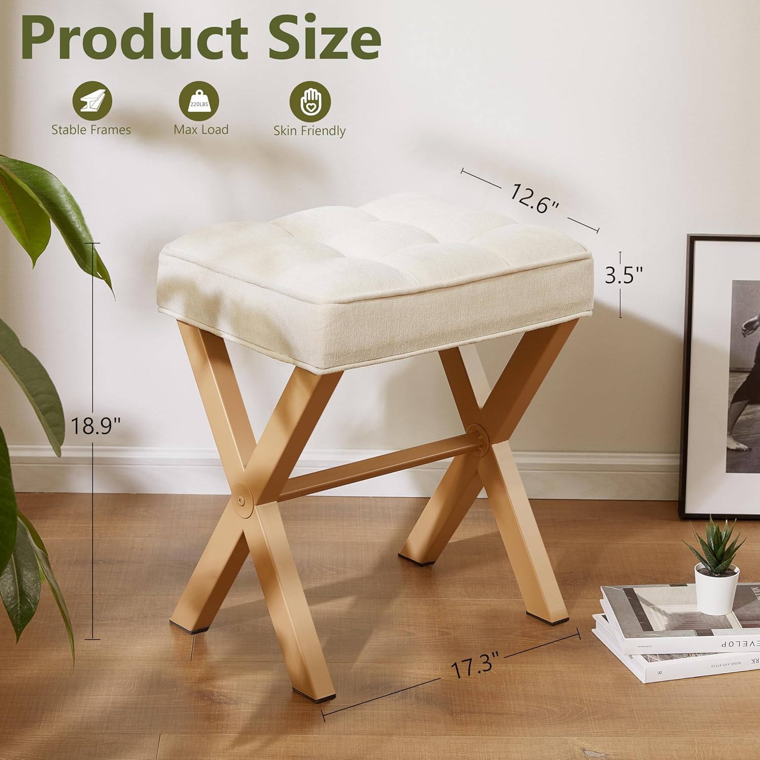 Royal Windsor Vanity Stool,Square Ottoman Stool Foot Rest,Upholstered Vanity Chair Foot Stool with Metal X Legs, Small Vanity Seat for Entryway,Bedroom and Living Room,Linen Beige