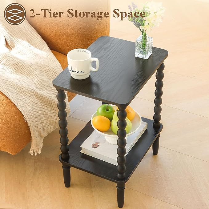 Black Side Table, Small End Table with 2-Tier Shelf, Vintage Night Stand with...