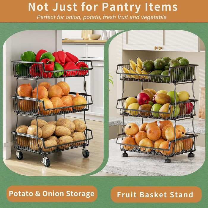 OKZEST Pantry Organizers and Storage Cart with Upgraded Metal Hub Casters | Fits under pantry shelf, stackable fine-mesh wire baskets, 3-tier rolling cart holds drink, snack, can, potato, onion, fruit