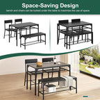 Shintenchi Kitchen Table Chairs Set of 4, Dining Table Set for 4 with Bench and Chairs, 4 Pieces Kitchen Table Set with Storage Rack & Metal Frame for Small Space, Solid Black