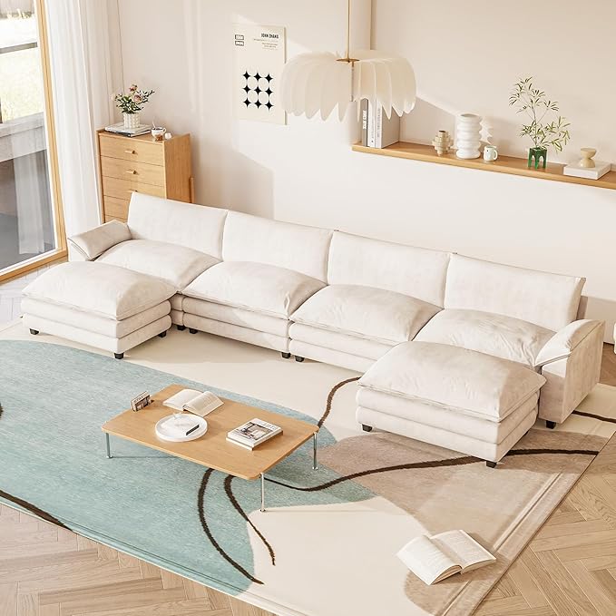 Furniwell 159" Modern Couches Sectional Sofa with Movable Ottoman, U Shaped Sofa Couch with Comfy Chenille and Deep Seat, 4-Seat Cloud Couch for Living Room, Bedroom and Apartment
