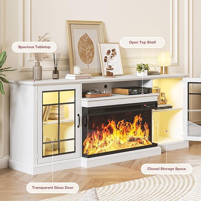 oneinmil 80'' Fireplace TV Stand with 3-Sided Glass, TV Cabinet for TVs up to 85", 80'' Modern Media Entertainment Center with Farmhouse Glass Door Storage Cabinets