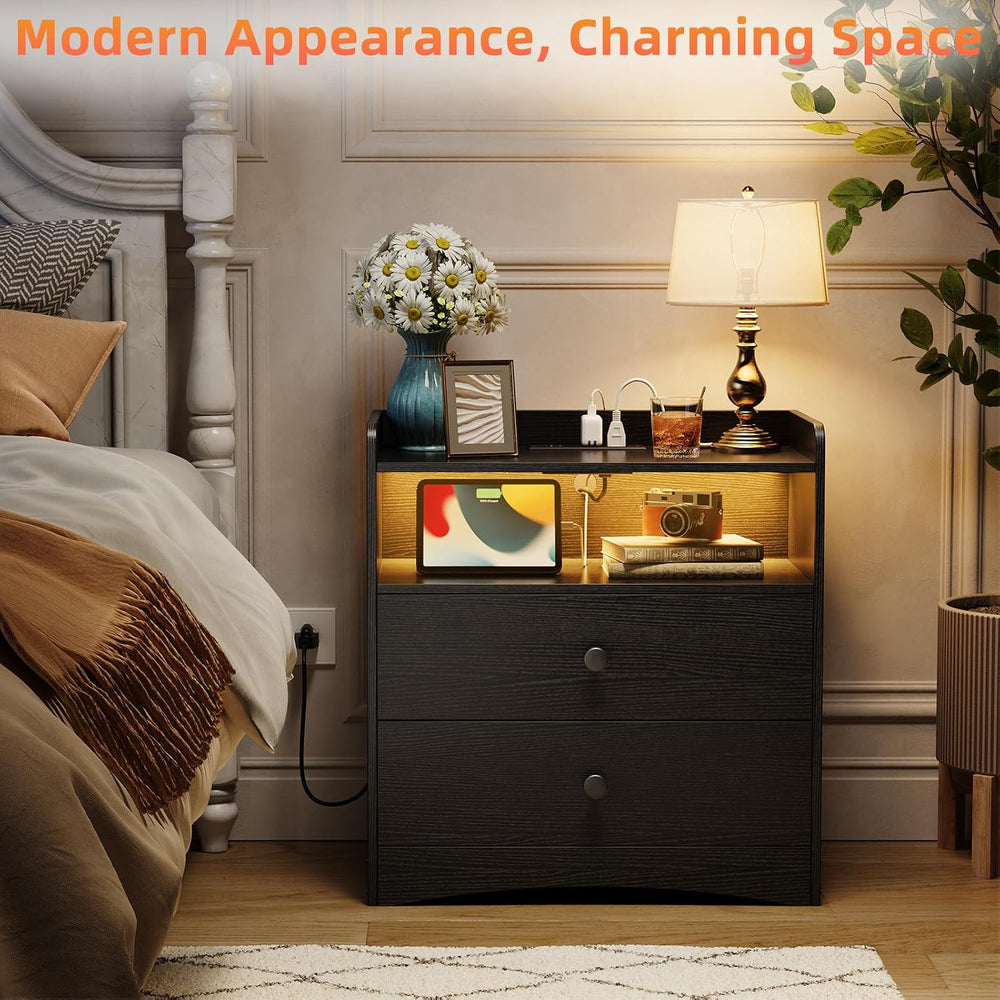 Memobarco 2 Pack Nightstand with Charging Station and LED Light, Black | Mode...
