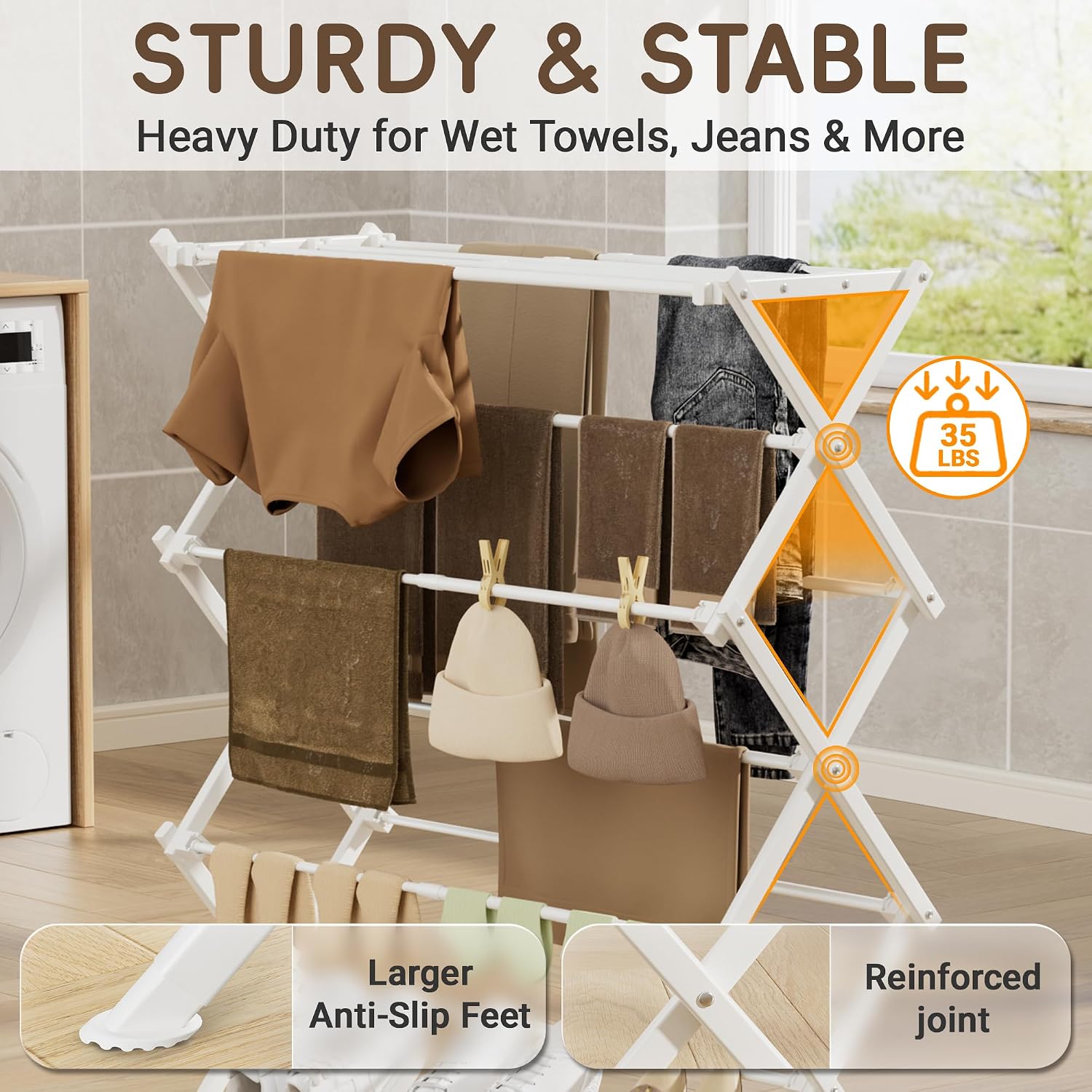 Collapsible Laundry Drying Rack for Small Apartment,35 lbs Carbon Steel with Reinforced Joints, Adjustable Space Saving Indoor Outdoor Rack, No Tools, 17.7"-29" W x 12" D x 35.5" H, White