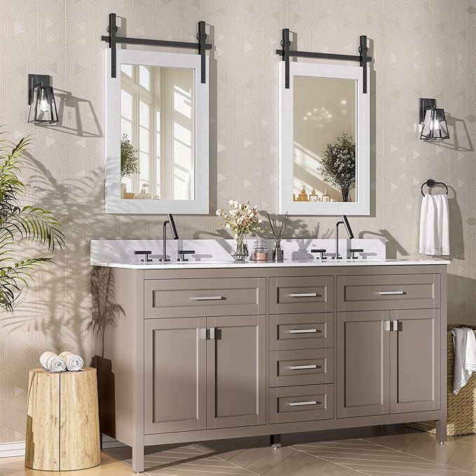 Hasipu Farmhouse Bathroom Mirror, 18"x26" Rustic Wood Framed Wall Mounted Mirror, White Vintage Vanity Mirror Barn Door Style Decrative Mirrors